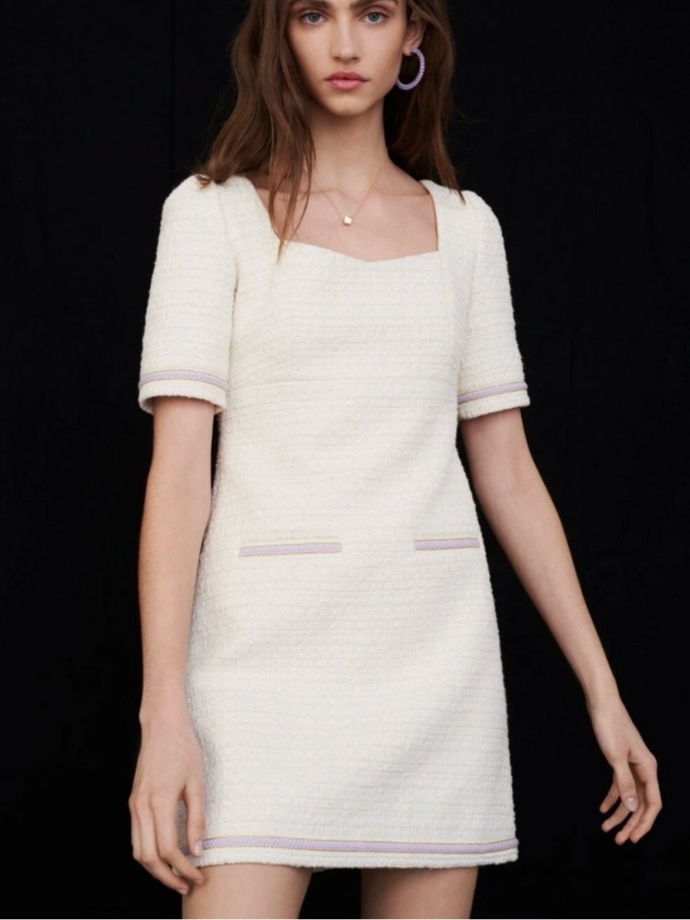 Maje Ranessa Dress EU 36 Chic Cream Textured Short-Sleeve with Lavender Piping